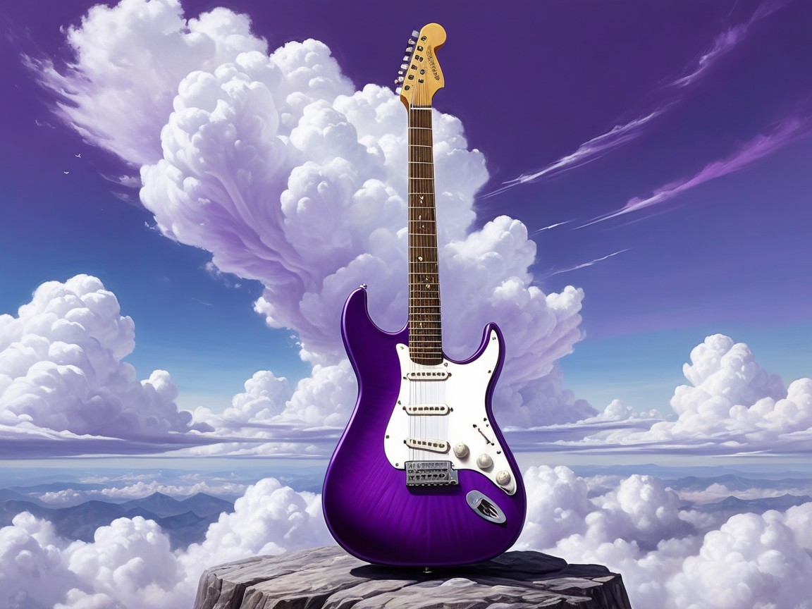 Purple Electric Guitar on Rocky Outcrop with Clouds