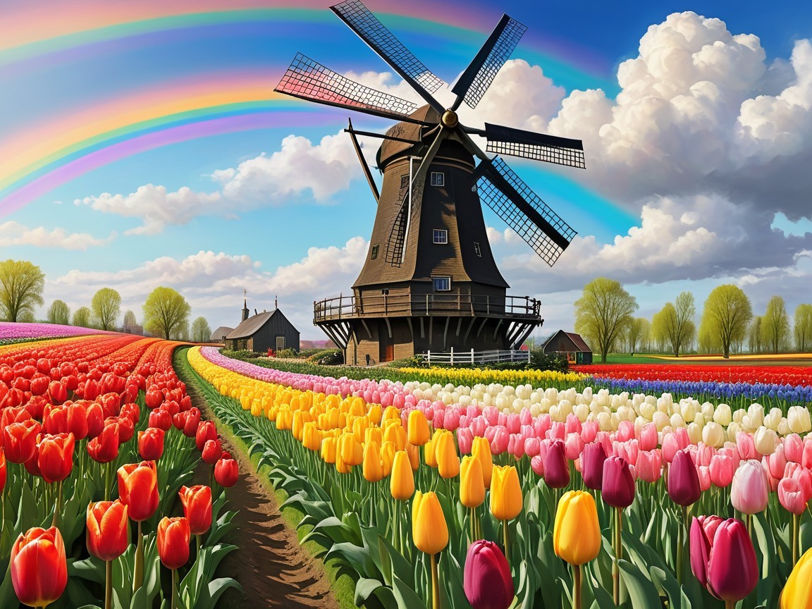 Traditional Windmill Amid Colorful Tulip Fields