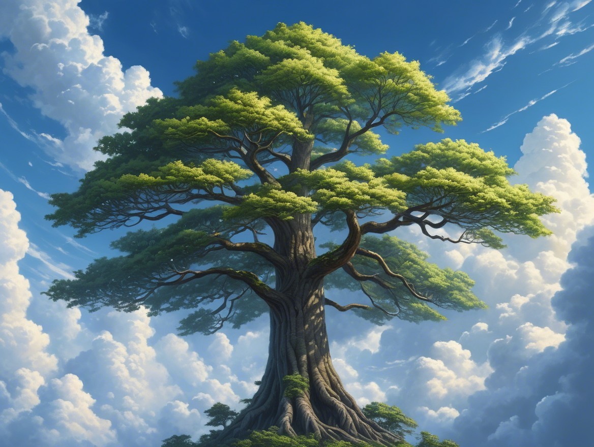 Majestic tree under blue sky with fluffy clouds