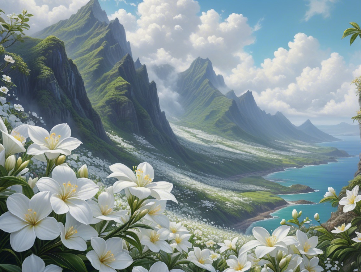 Lush Green Mountains with White Flowers and Coastline