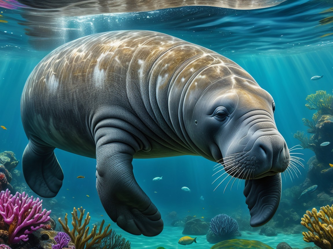 Underwater Scene with Manatee and Coral Reefs