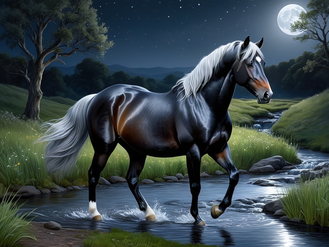Black Horse in Stream Under Starry Night Sky