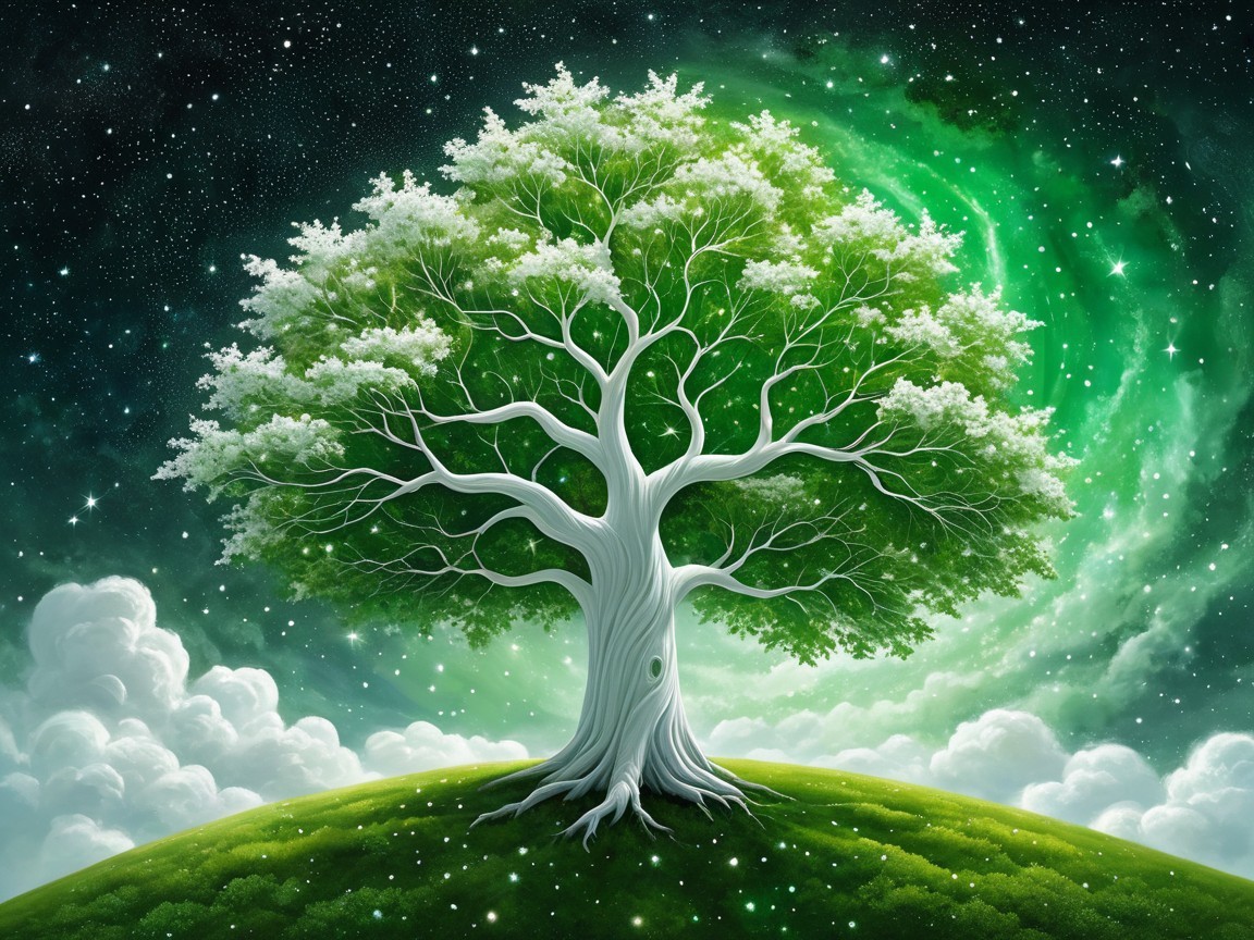 Vibrant tree on green hill with cosmic backdrop