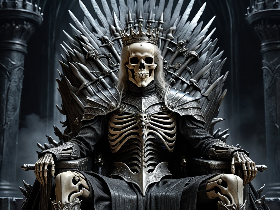 Skeletal Figure on Throne of Swords in Gothic Setting