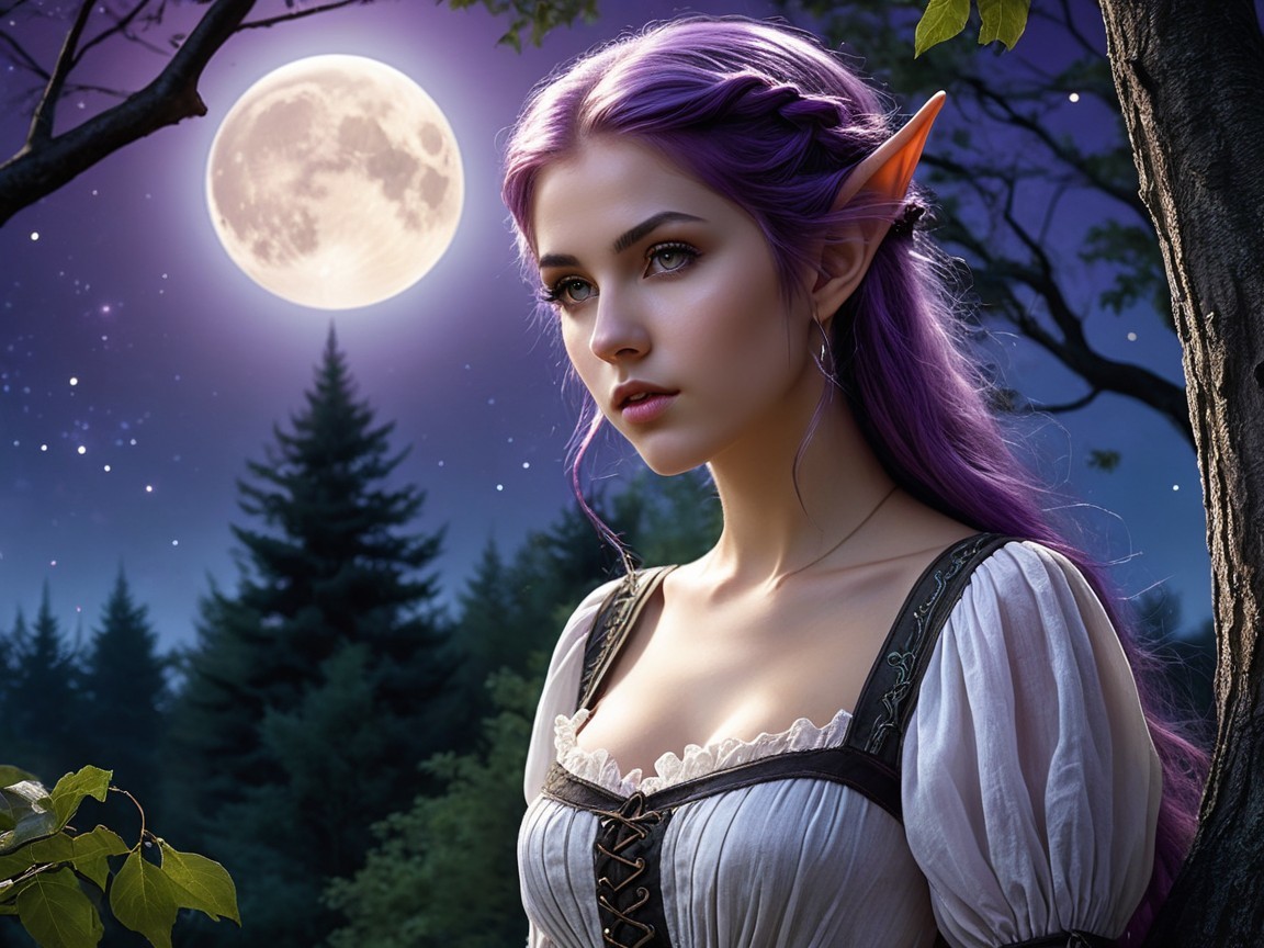 Mystical Elf Beneath Glowing Full Moon in Forest