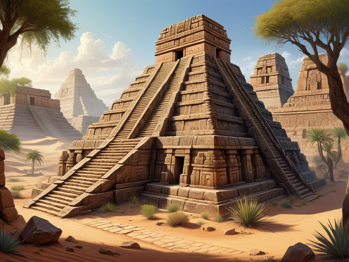 Ancient Pyramid in Desert with Lush Vegetation