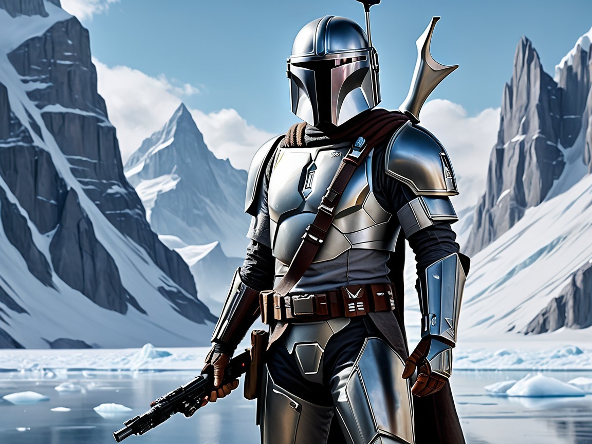 Armored Figure in Icy Landscape with Mountains