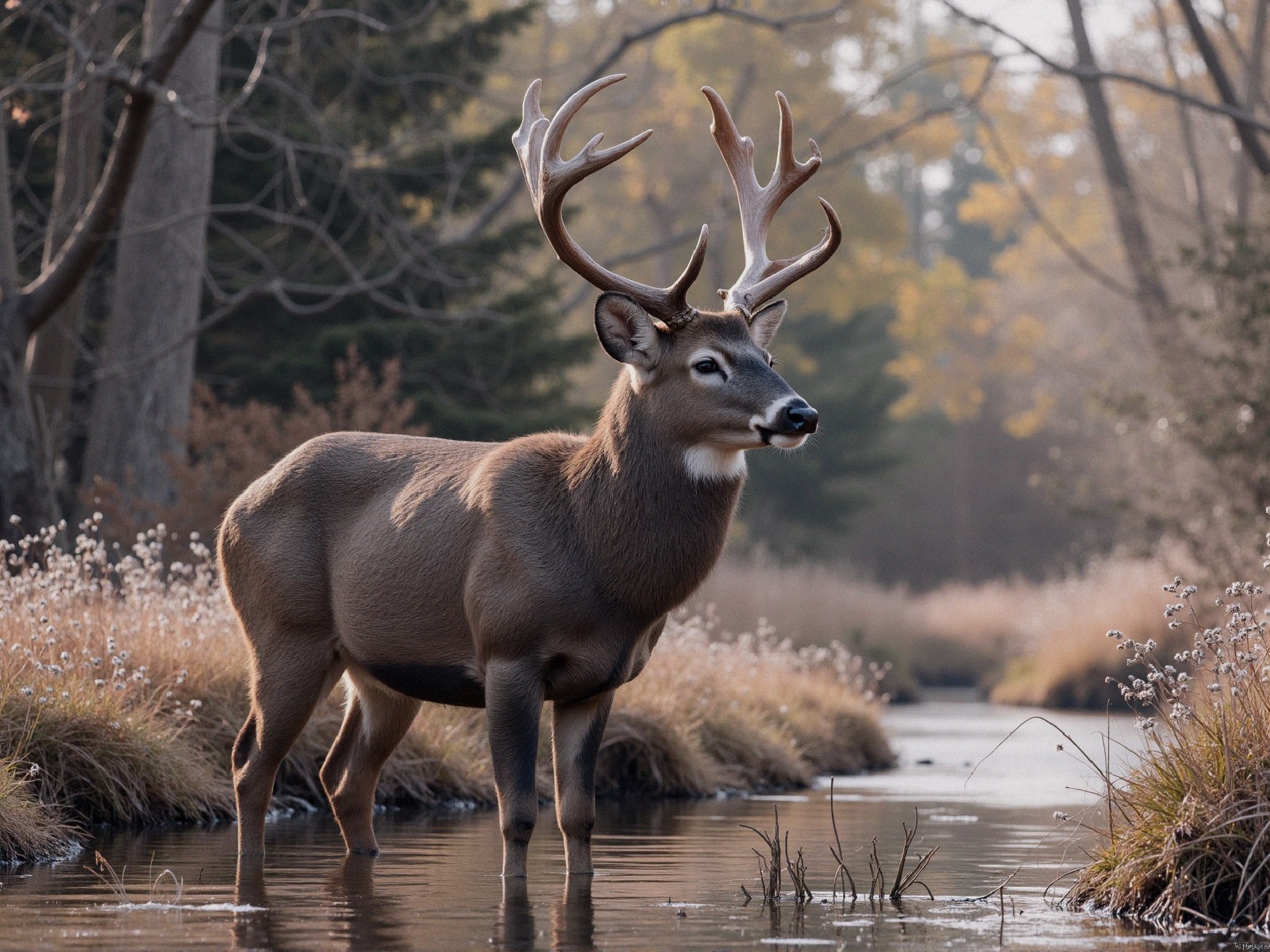 Majestic deer in serene creek with autumn foliage