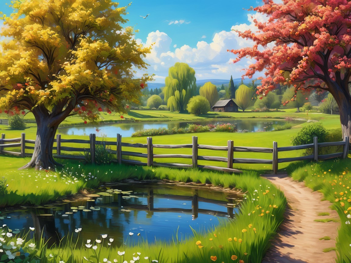 Picturesque Landscape with Pond and Vibrant Trees