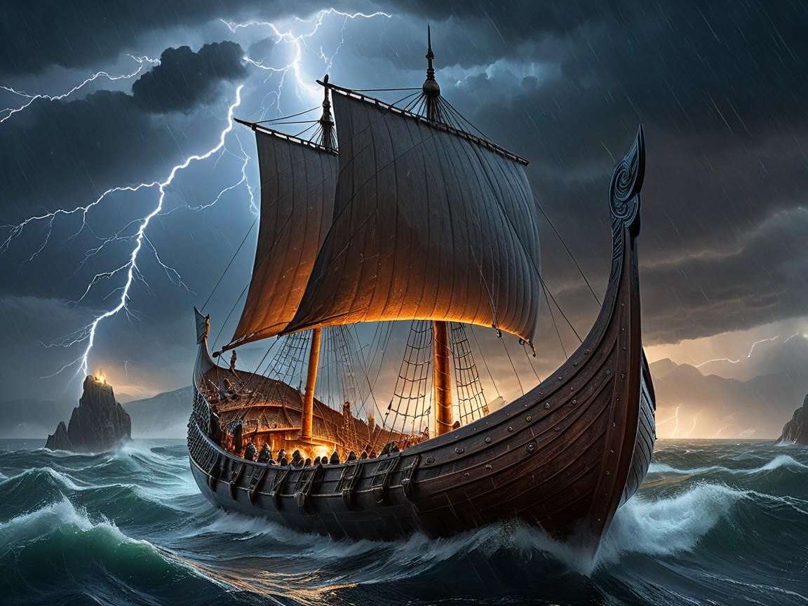 Viking Ship Navigating Stormy Seas with Flames