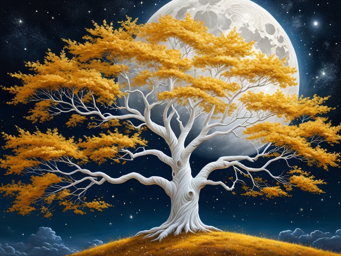 Majestic White Tree Under a Starry Night Sky