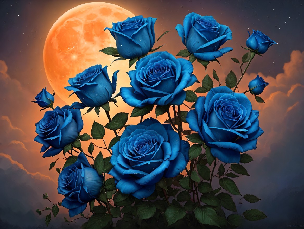 Vibrant Blue Roses Under a Luminous Moonlight
