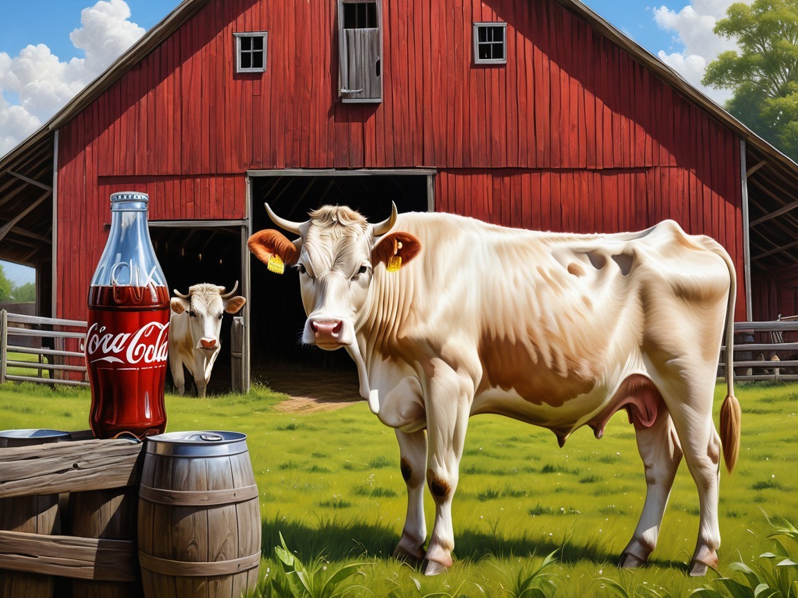 Serene Farm Scene with Cow and Rustic Elements