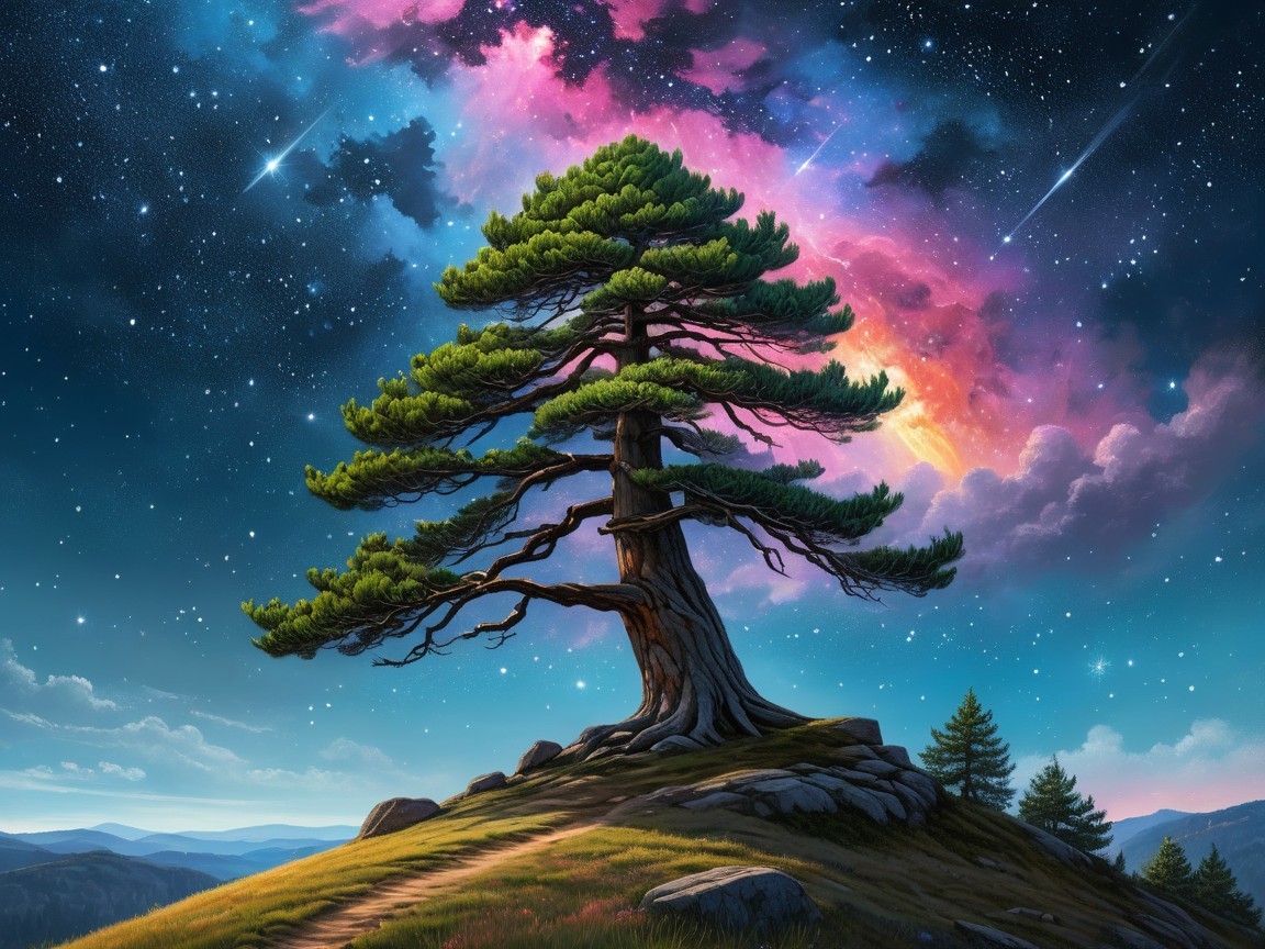 Majestic Coniferous Tree on Grassy Hilltop with Sky Colors