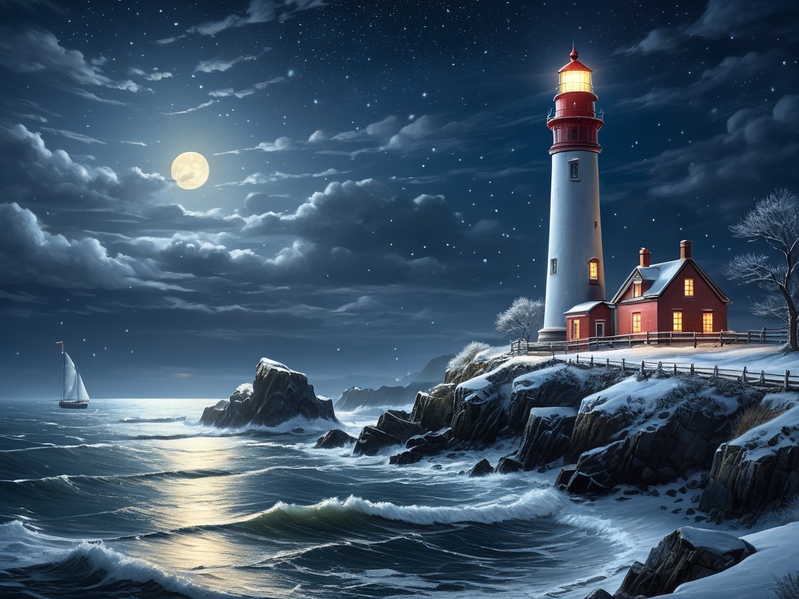 Winter Night Scene with Lighthouse and Sailboat