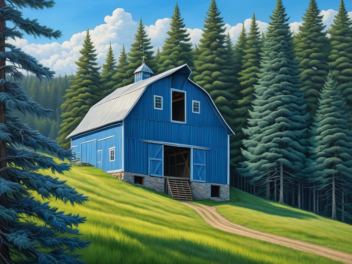 Charming Blue Barn in Serene Rural Landscape