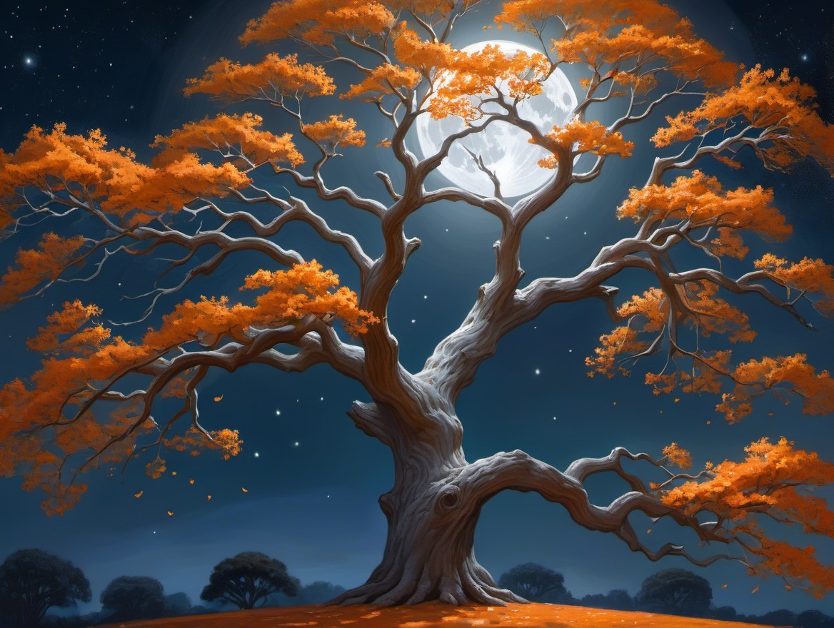 Majestic Tree Under Full Moon in Autumn Landscape