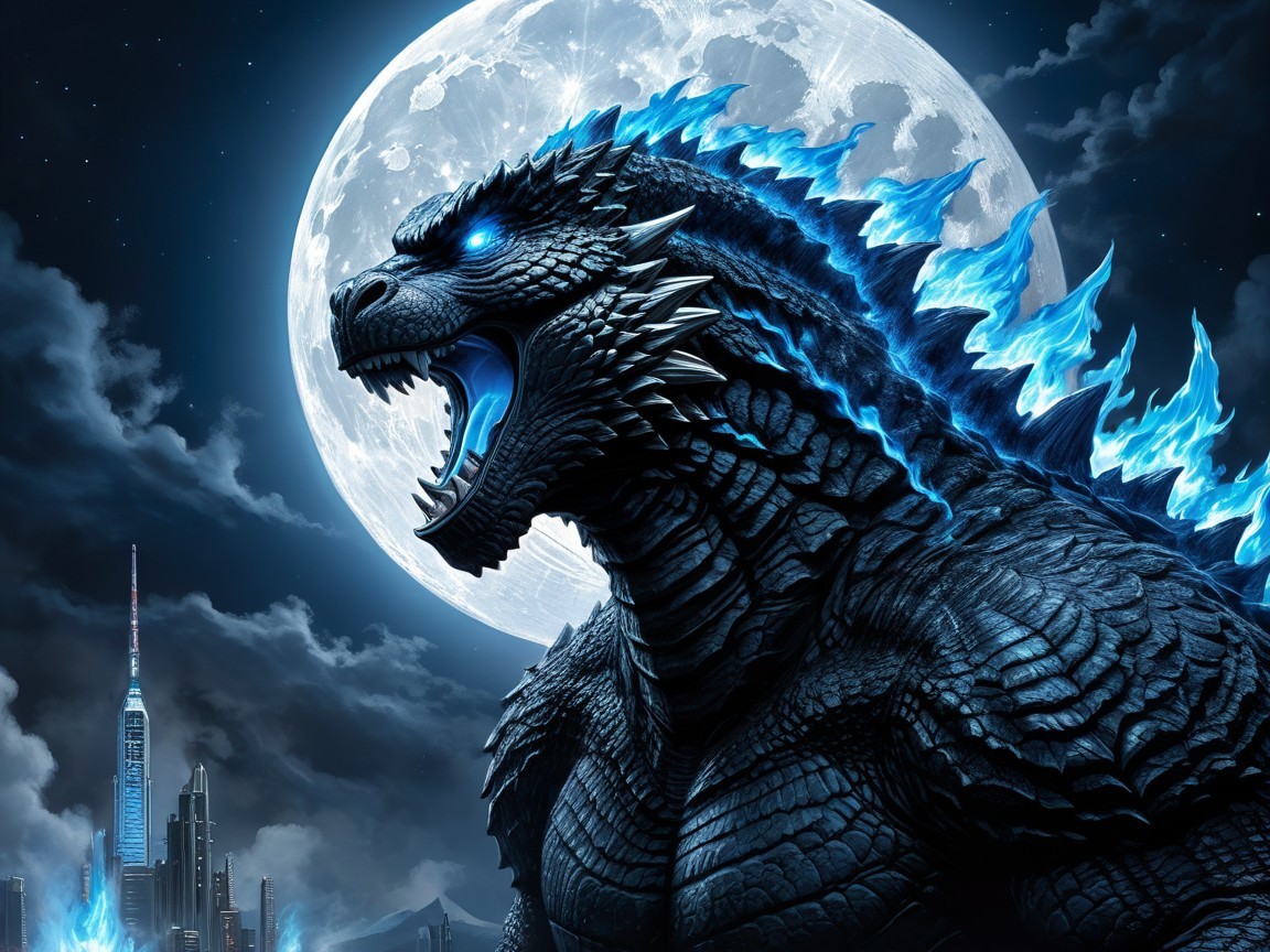 Giant black monster with blue flames against moonlit skyline
