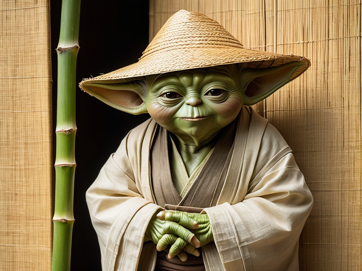 Green-Skinned Creature in Traditional Robe and Hat