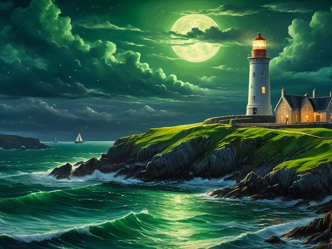 Coastal Scene with Lighthouse and Moonlit Sea