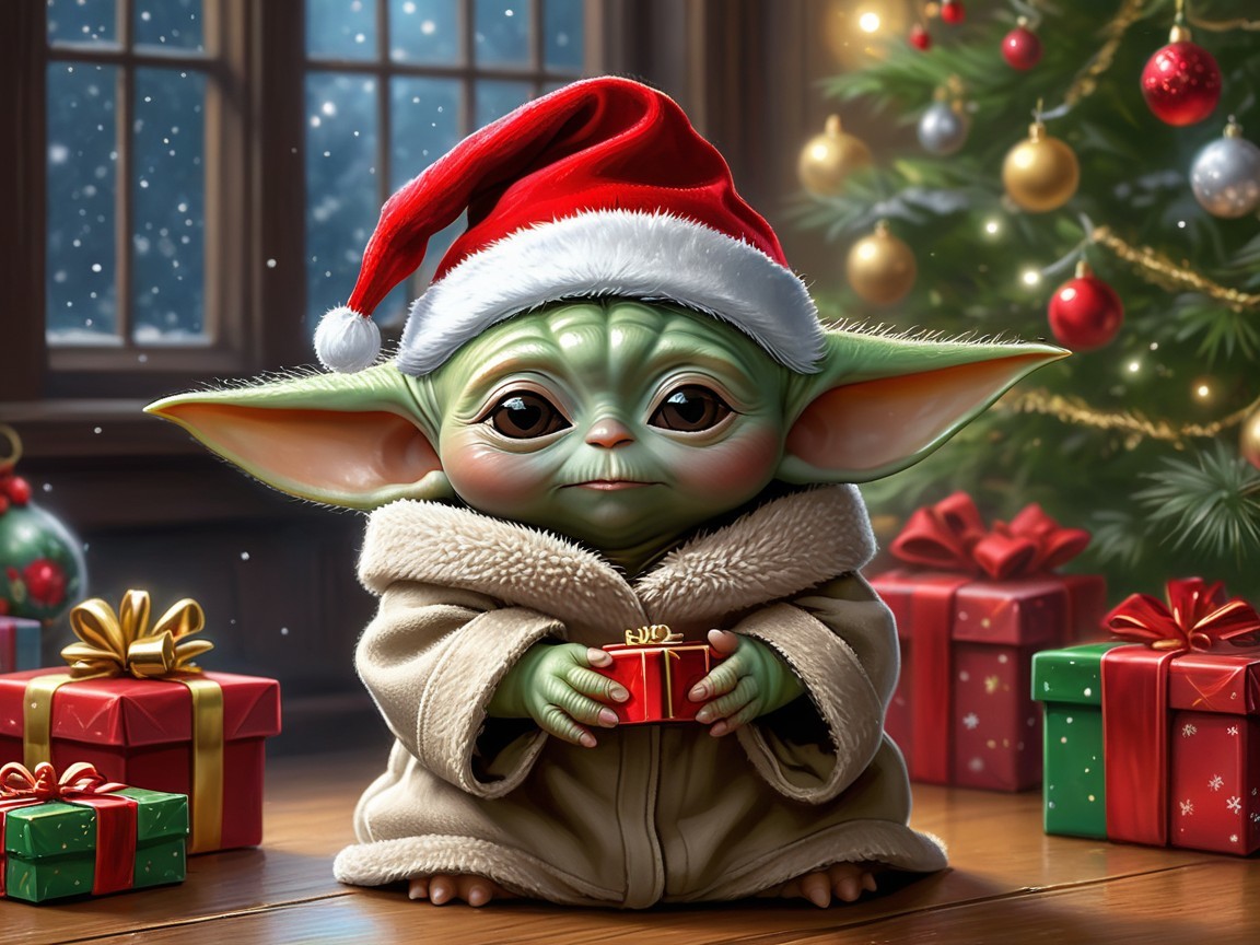 Festive Creature in Santa Hat Among Christmas Decor