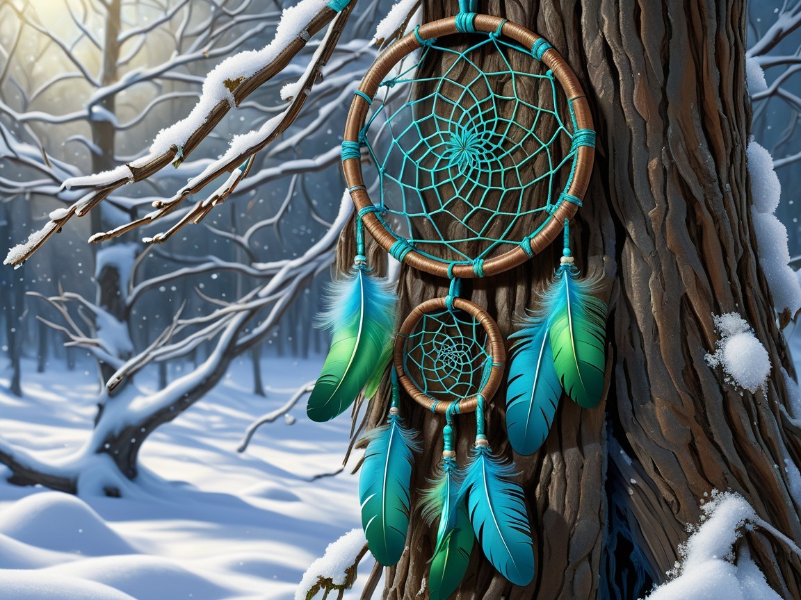 Close-up of a turquoise dreamcatcher in winter scene