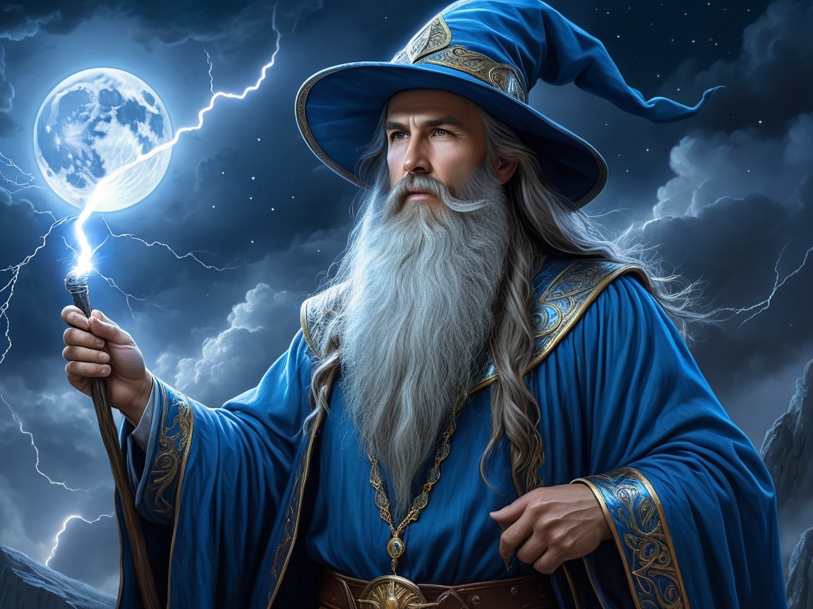 Mystical wizard in blue robe with glowing orb under moon