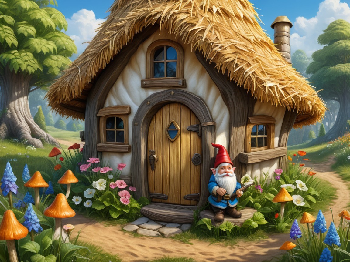 Thatched-Roof Cottage Surrounded by Colorful Garden