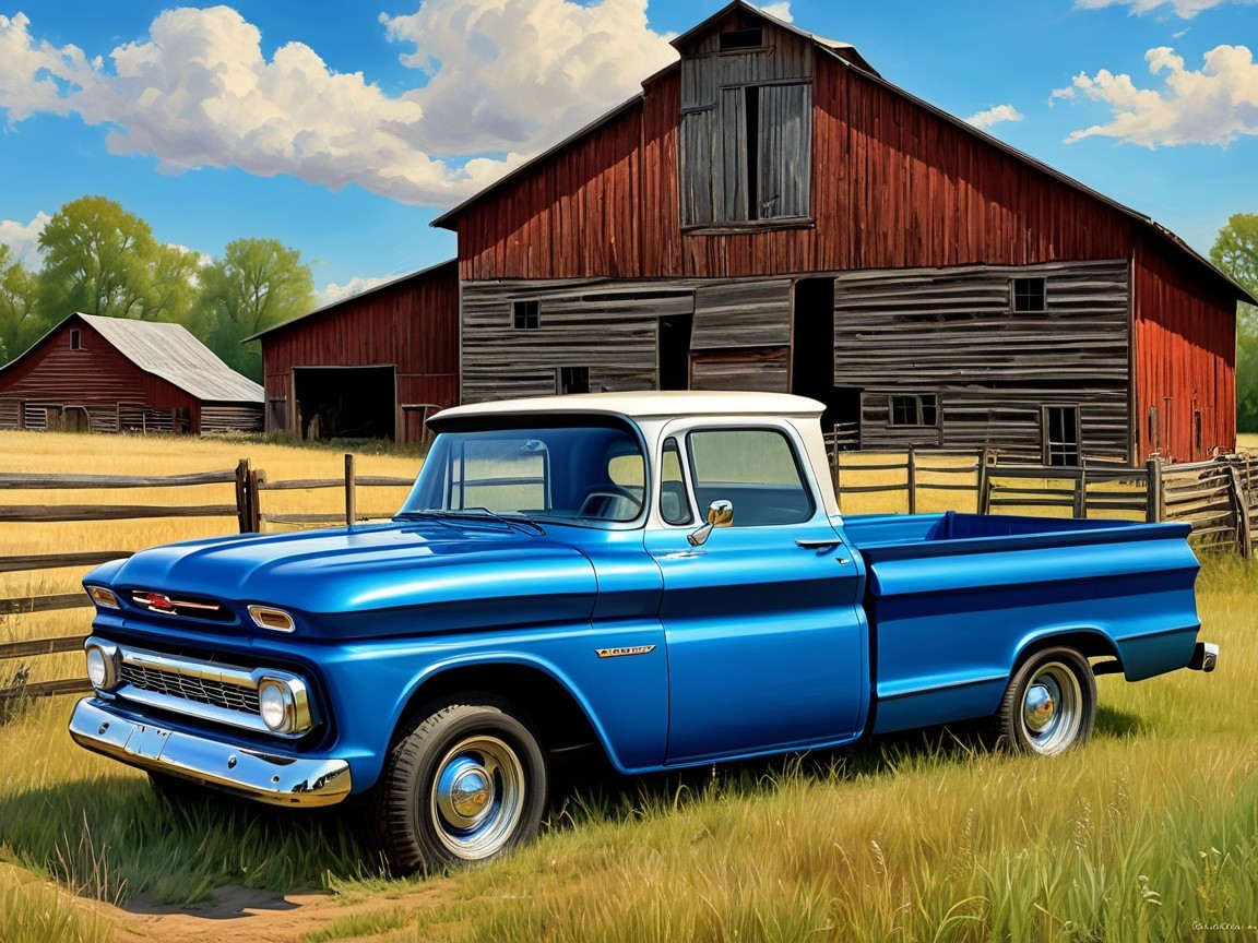 Classic Blue Chevy Truck in Rural Countryside Setting