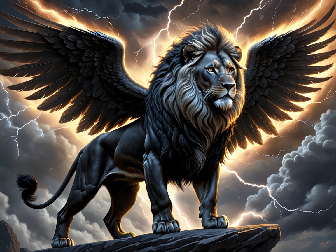 Winged Lion on Rocky Outcrop Under Stormy Sky