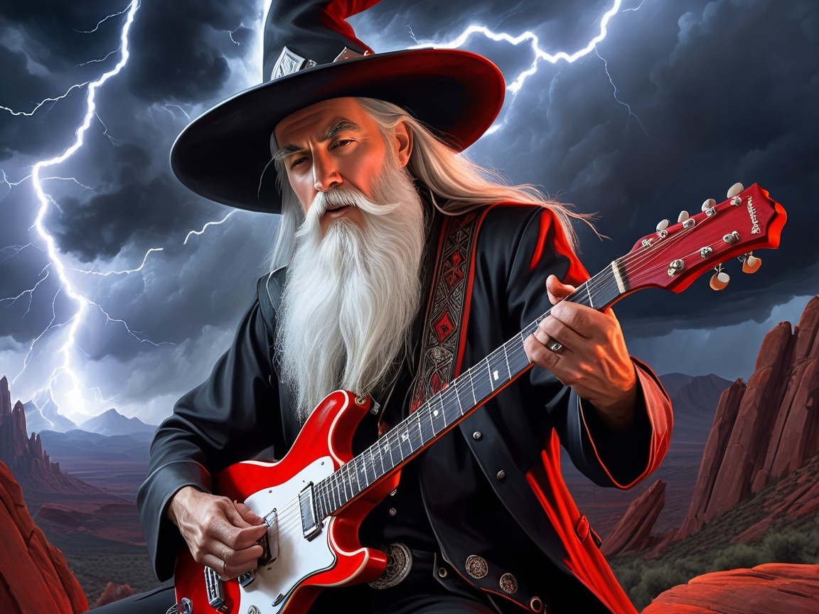 Mystical Wizard Playing Electric Guitar in Stormy Landscape