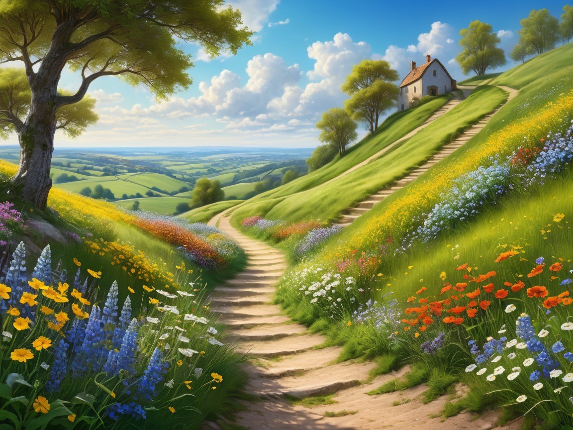 Serene Landscape with Hills, Cottage, and Wildflowers