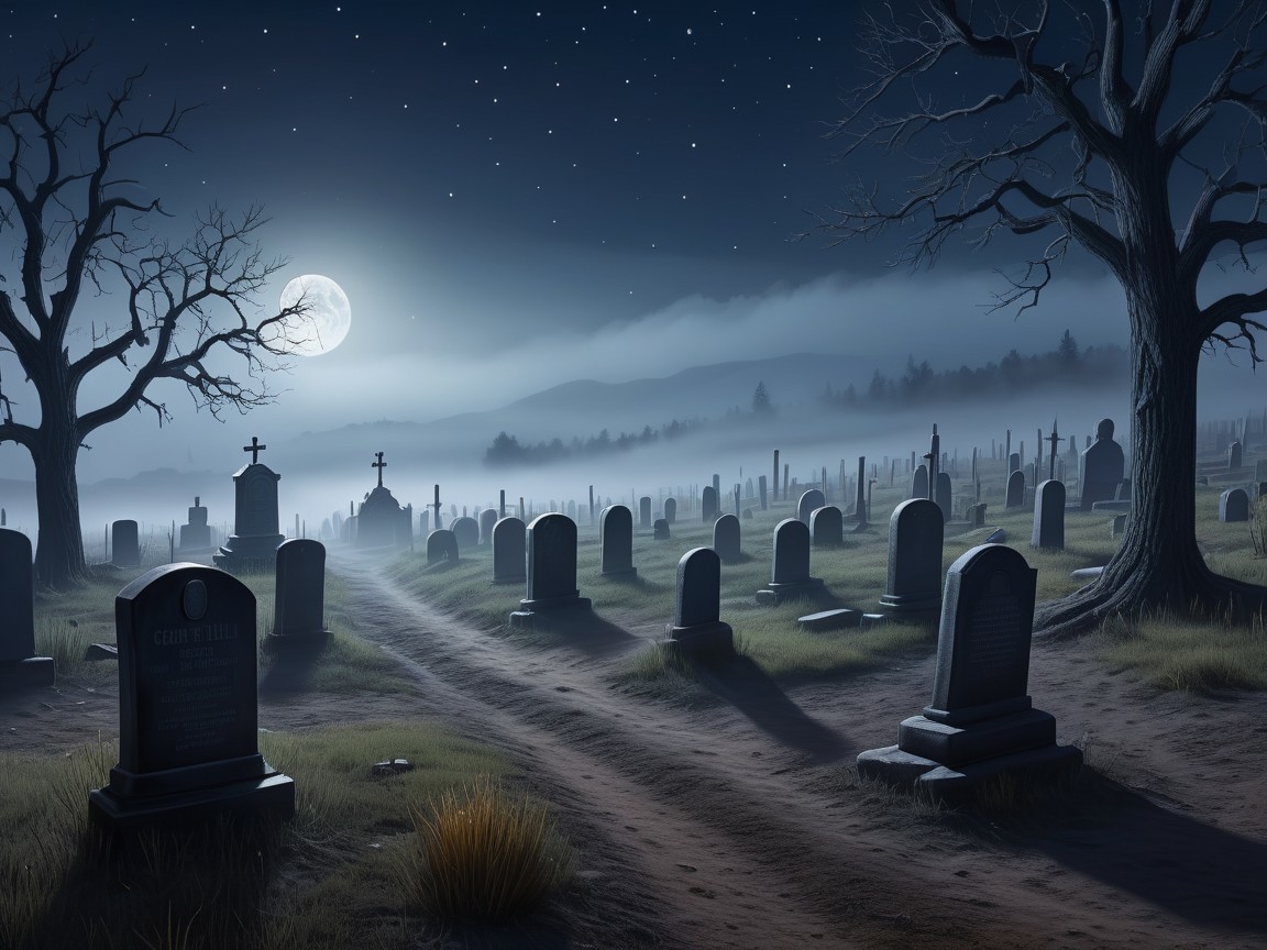 Serene Cemetery Scene Under Full Moon and Stars