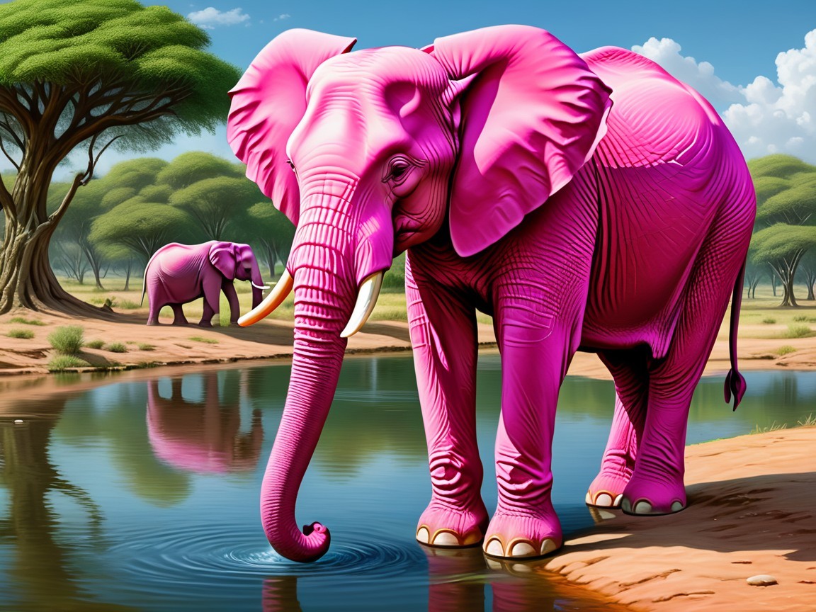 Pink Elephants by a Waterhole in a Lush Landscape