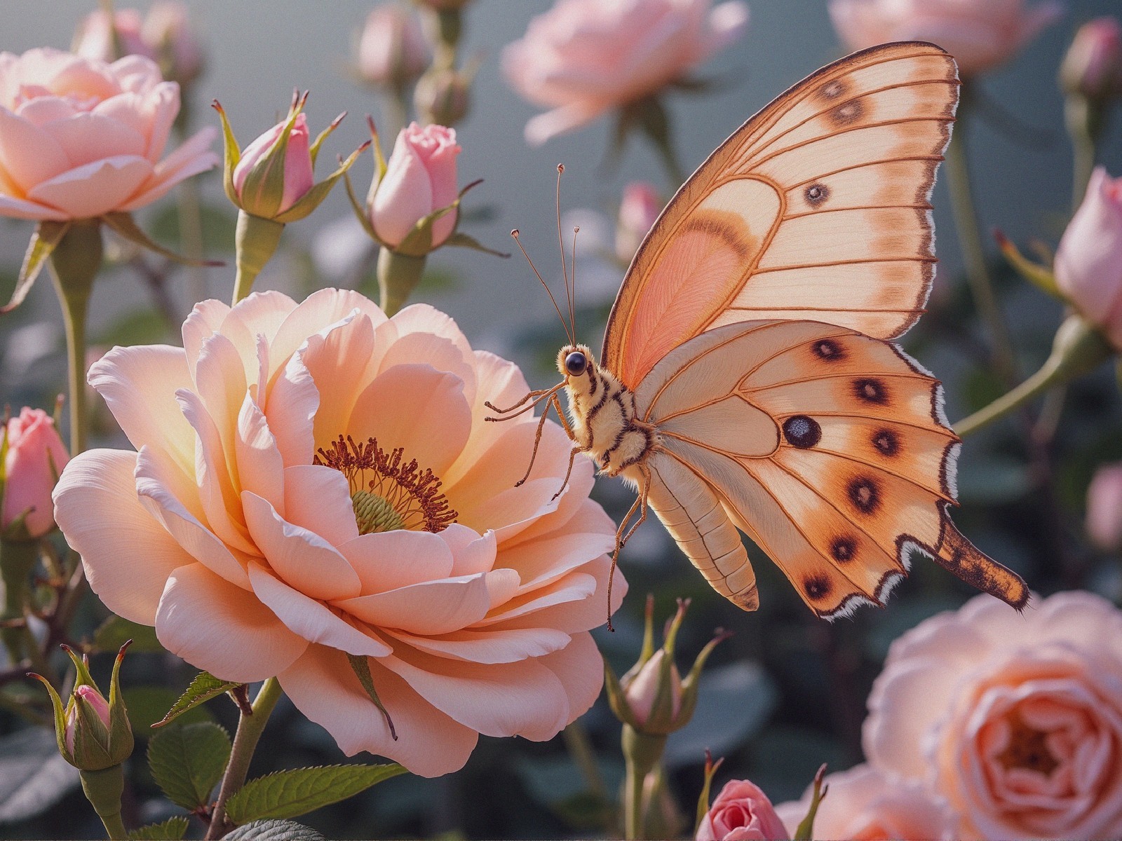Butterfly and Pink Rose in a Serene Garden Setting
