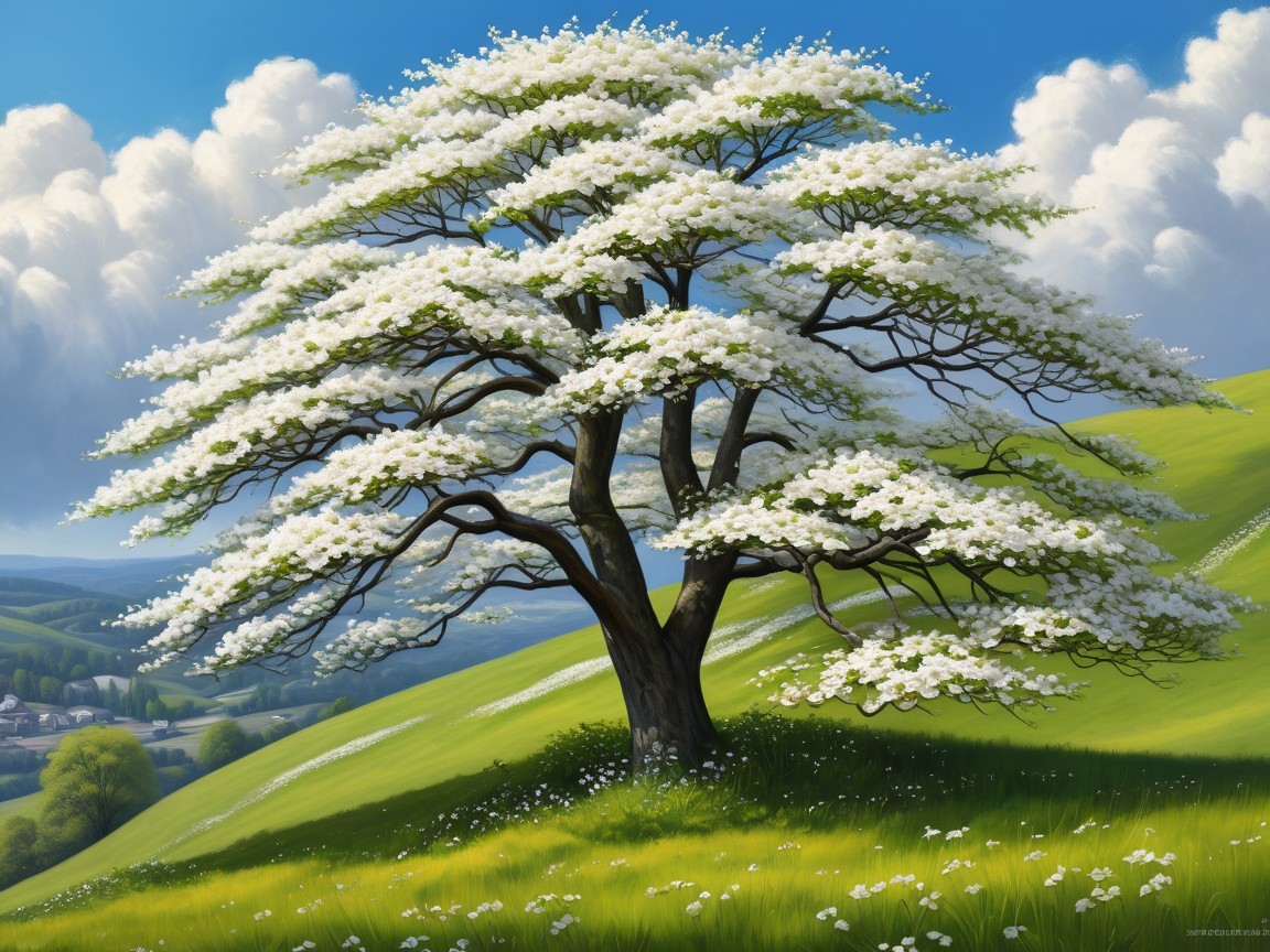Tree with White Blossoms on Green Hillside Scene