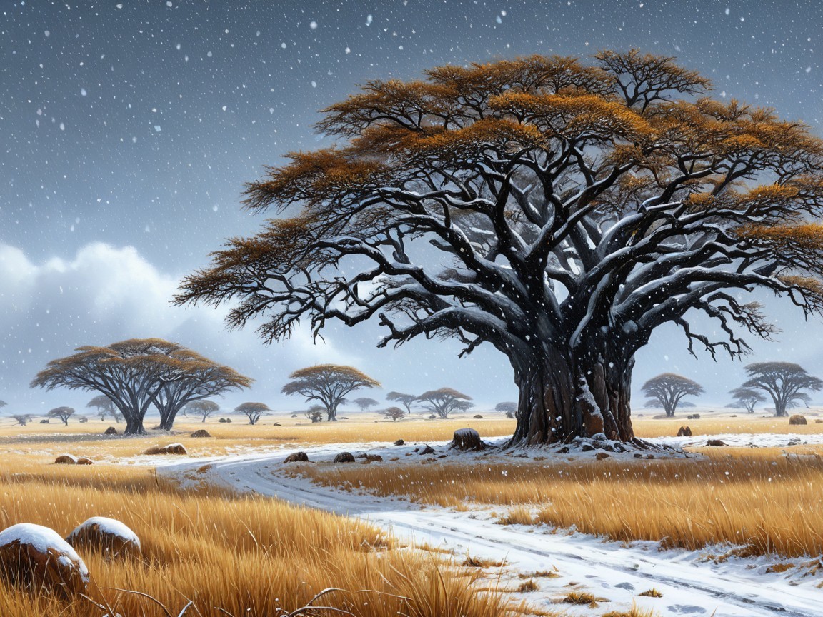 Snow-Covered Acacia Tree in Winter Landscape