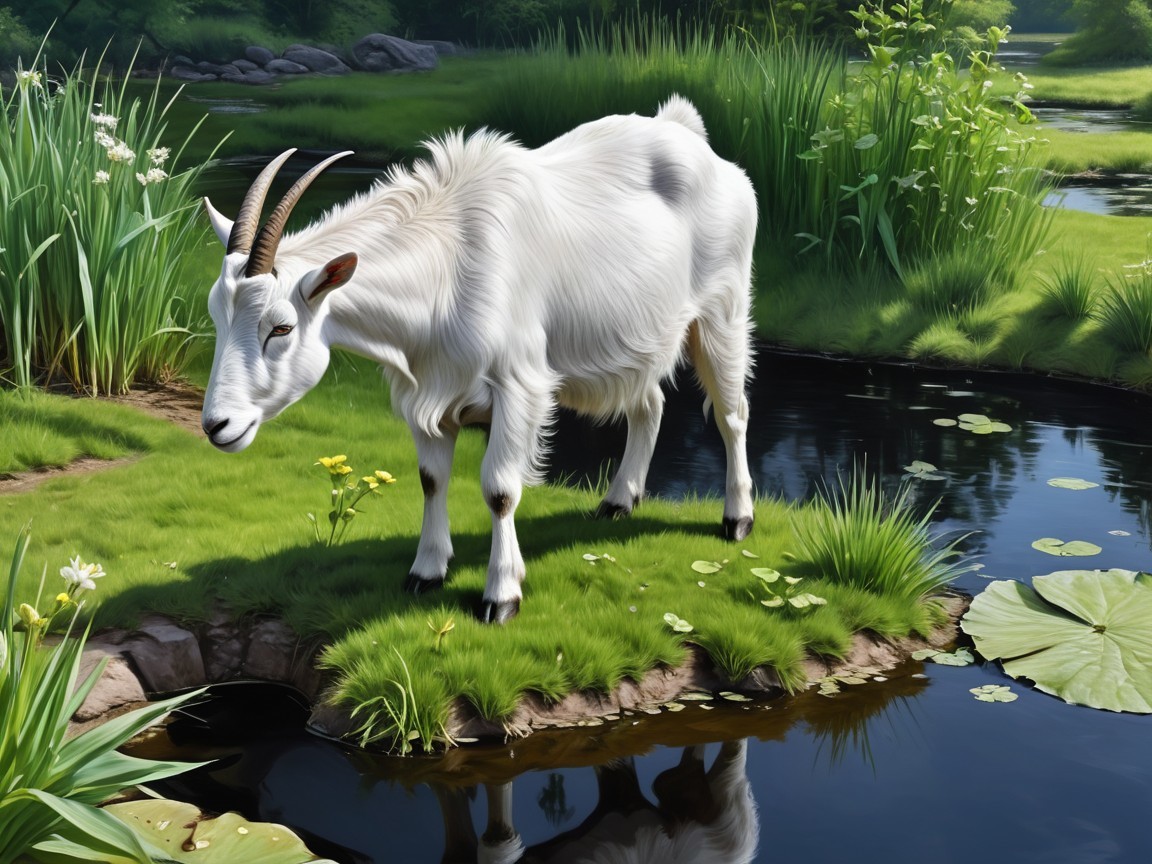 White Goat by a Flowing Stream in a Green Landscape
