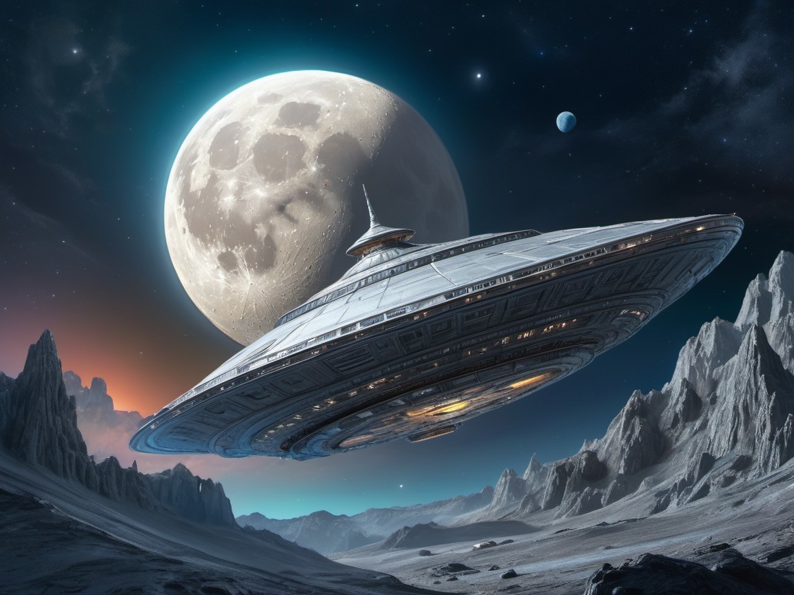 Futuristic Spaceship Over Rocky Lunar Landscape