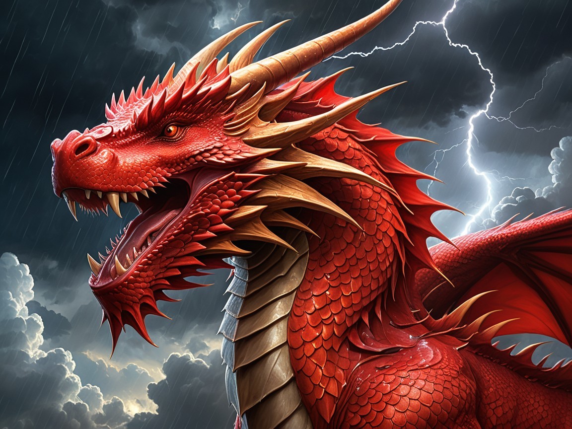 Fierce Red Dragon Amidst Stormy Clouds and Lightning