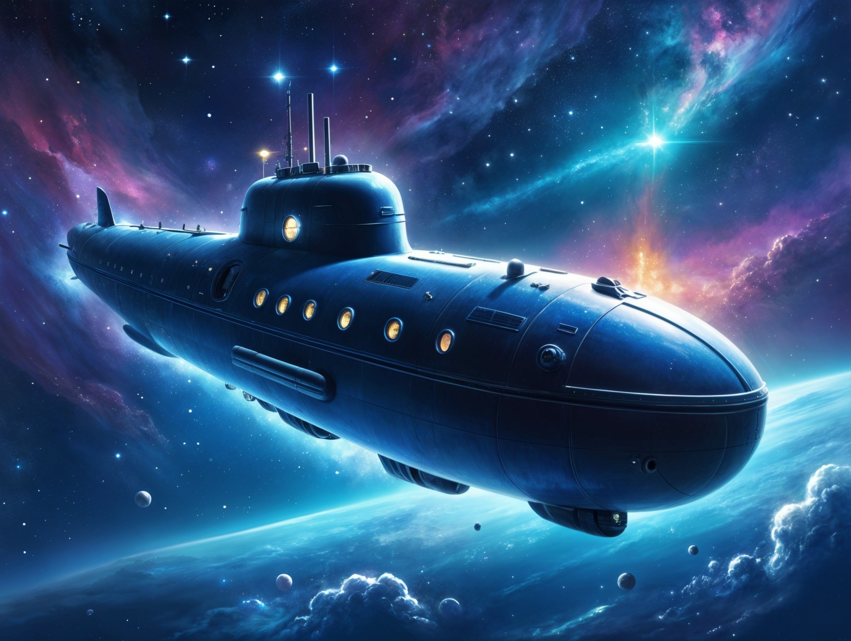 Futuristic Submarine in a Colorful Cosmic Landscape
