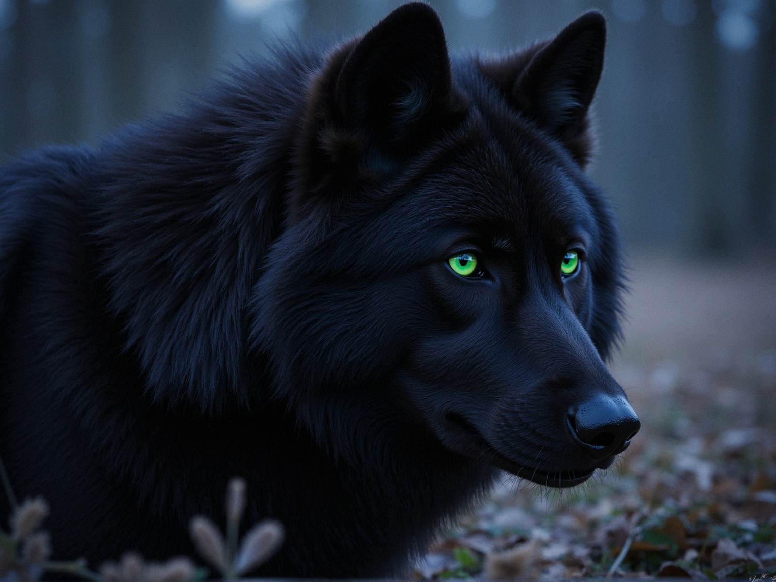 Black Wolf with Green Eyes in Enchanted Forest Setting