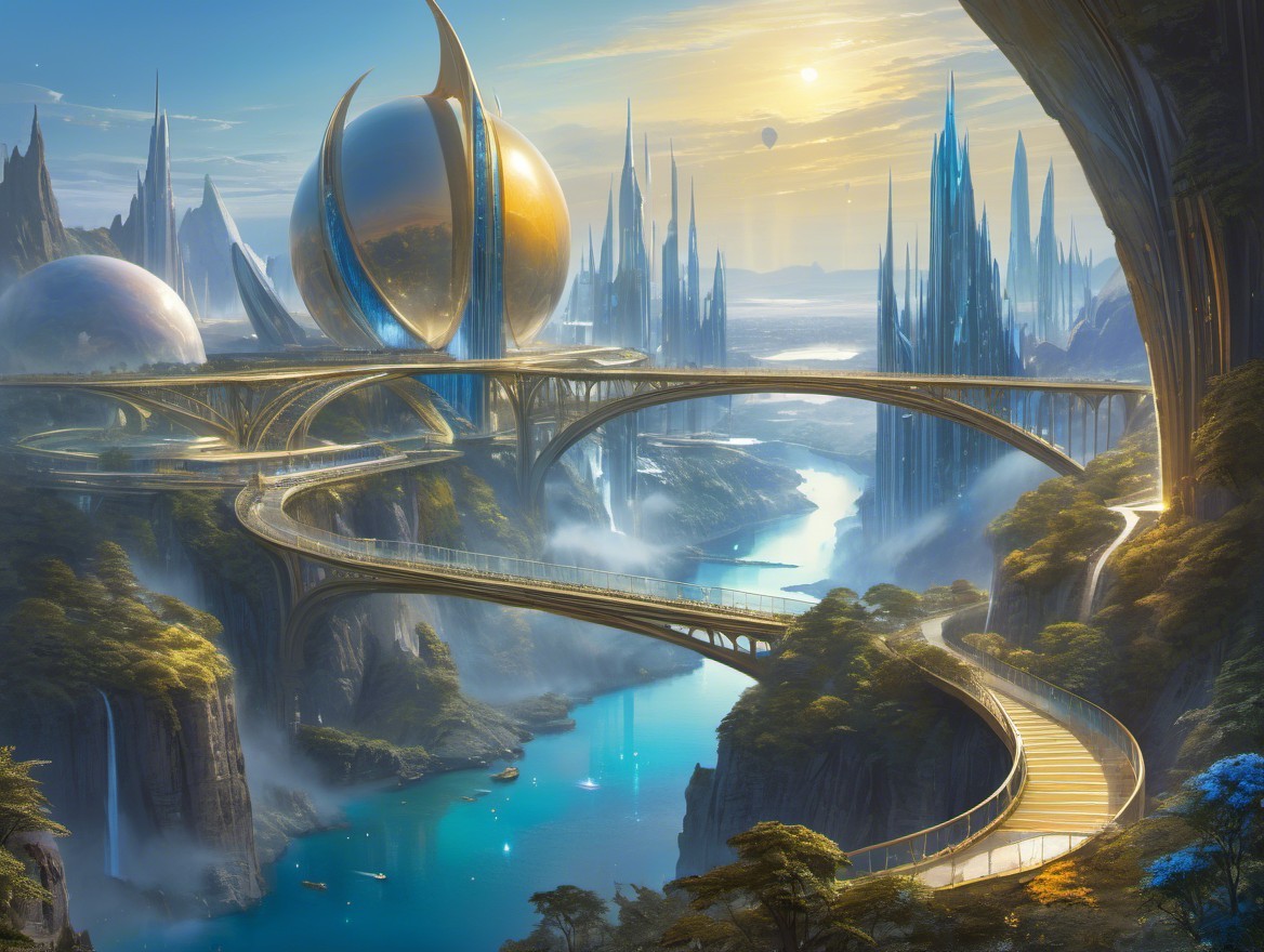 Futuristic landscape with crystalline structures and bridges