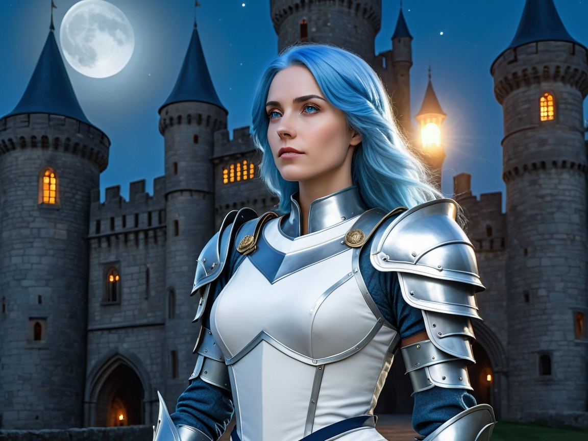 Warrior in Silver Armor Before Majestic Castle at Night