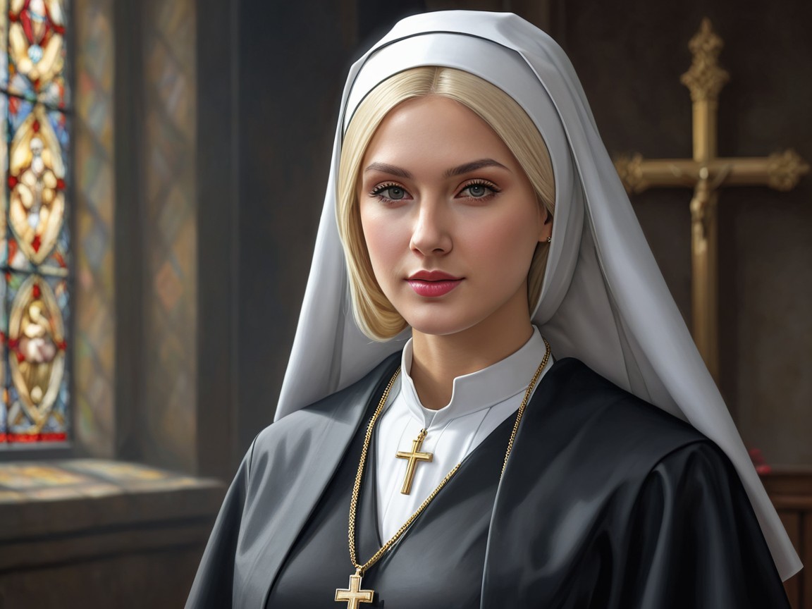 Young Woman in Nun's Habit with Stained Glass Background