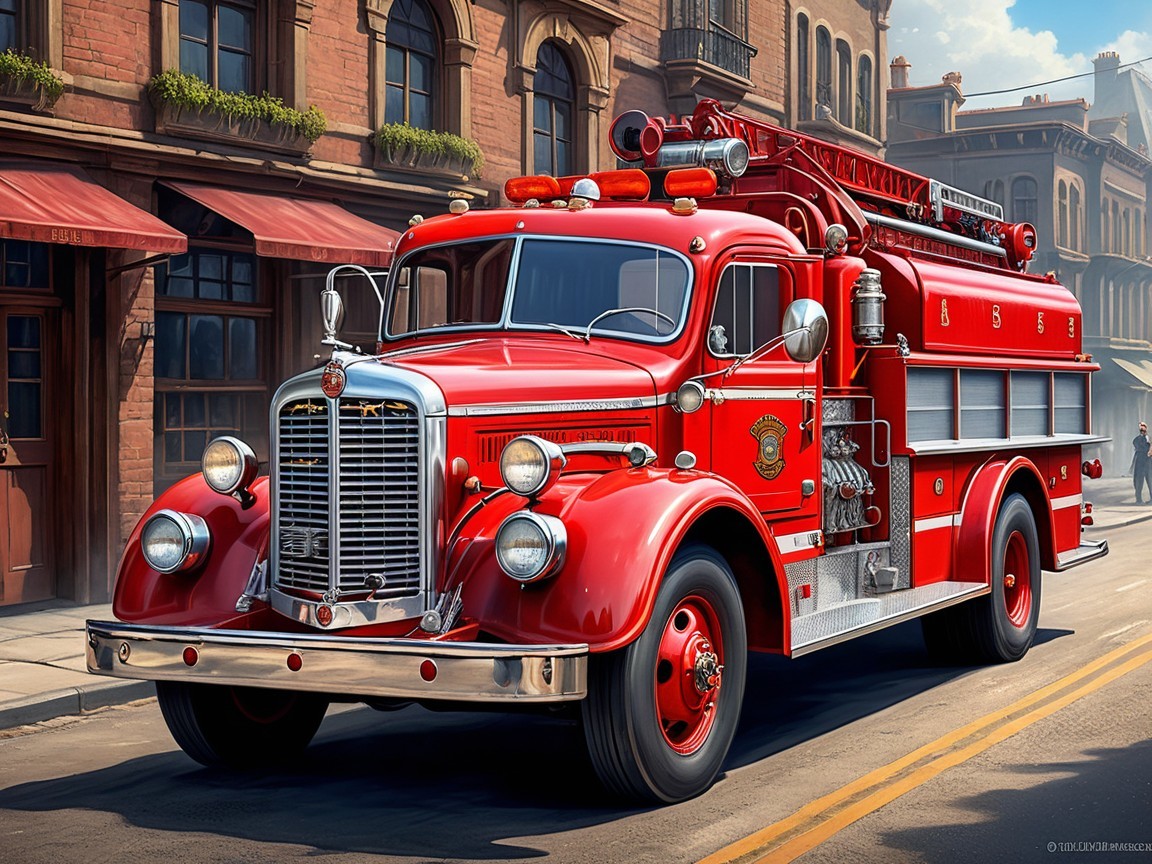 Vintage Red Fire Truck on Charming Street Scene
