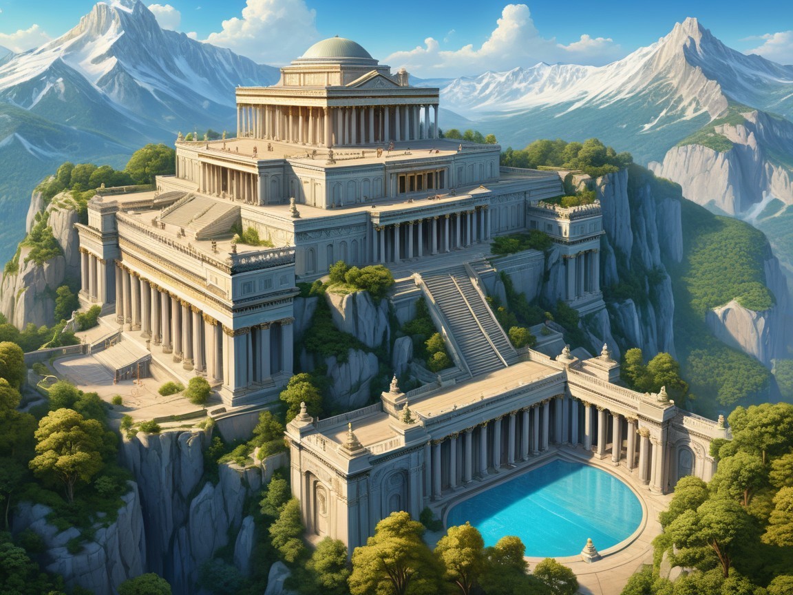 Majestic temple on rocky mountain with lush greenery