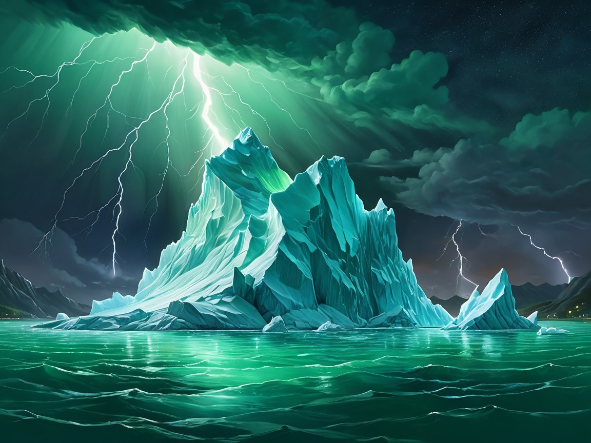Dramatic Iceberg in Glowing Green Ocean Under Storm