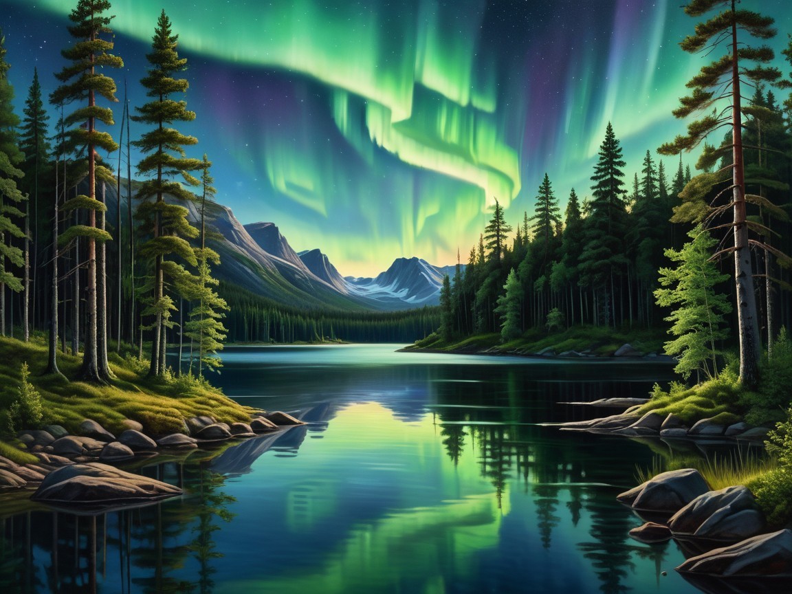 Serene Lake Landscape with Auroras and Mountains