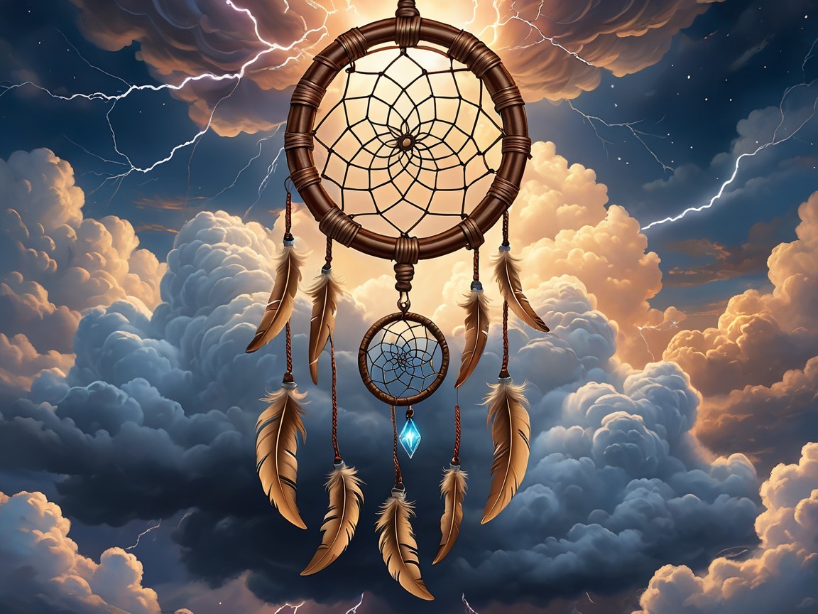 Dream catcher against dramatic sky with lightning